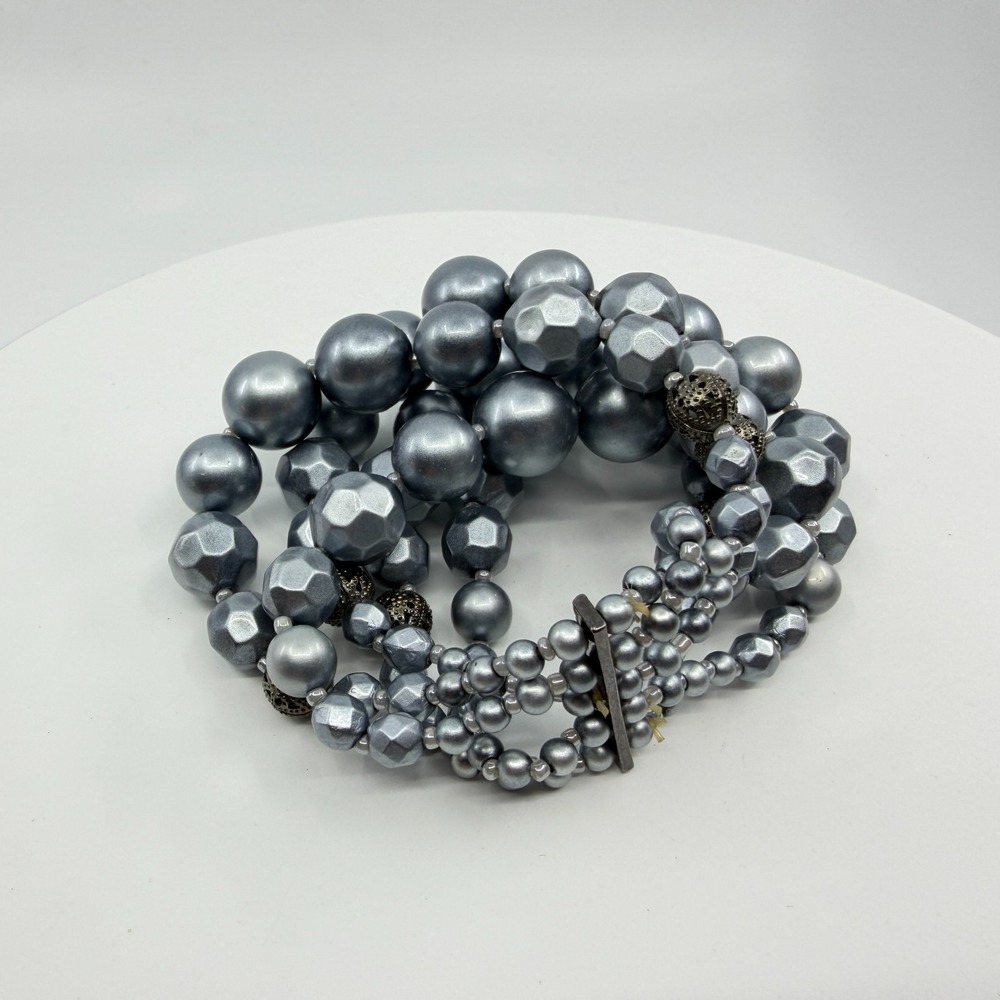 Statement Metallic Silver Tone Bead Multi-Strand Bracelet Chunky Boho Glam 7in